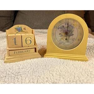 Marjolein Bastin Vintage Yellow Floral Desk Clock and Perpetual Calendar Set